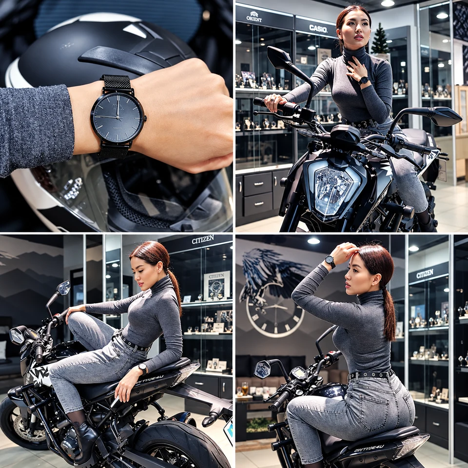 Айгерим Калмуратова показывает наручные часы на запястье в шоуруме BUYTIME4U