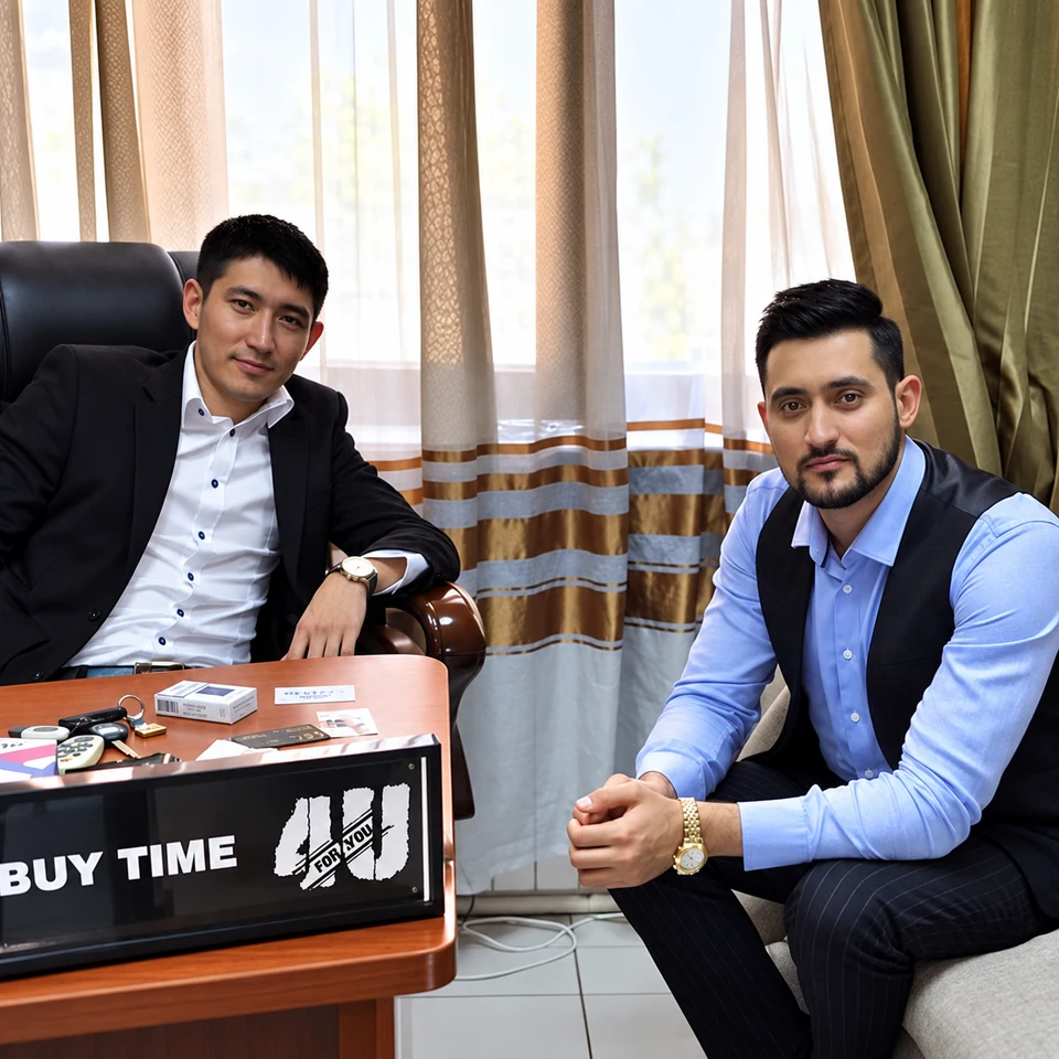 Нурлан Кусаинов и Арслан Джумаев сидят за столом в офисе BUYTIME4U